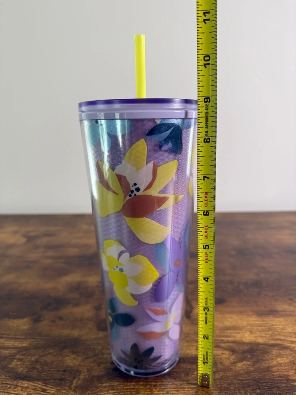 NWT Starbucks Lavender and Yellow Floral Tumbler with Yellow Straw, 24 Oz